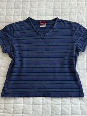Vintage Blue and Black Striped V-Neck Baby Tee